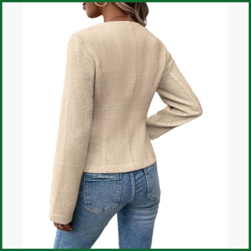 Tweed Blazer Jacket Collarless Open Front Slim Fit Business Casual - Picture 4 of 7